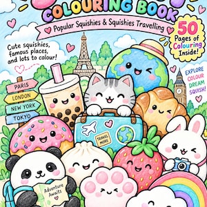 Könnte beinhalten: Ein Squishy-Malbuch mit 50 Seiten voller Illustrationen, die eine Katze, einen Panda und verschiedene Lebensmittel mit Gesichtern zeigen. Das Cover enthält Texte wie 'Popular Squishies & Squishies Travelling', 'Adventure Awaits' und 'Good Places Happier You'.