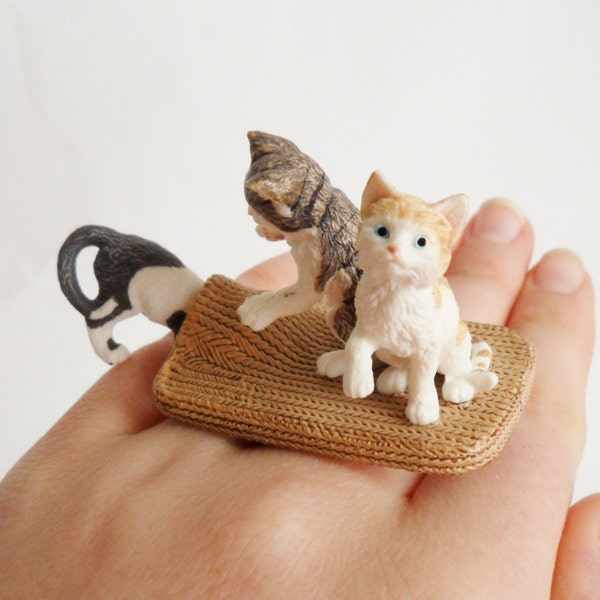 Three Kittens Ring Cat Jewelry Upcycled Schleich Toy