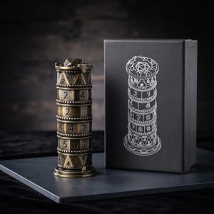 May include: A cylindrical bronze-toned metal dice tower featuring stacked rotating rings with engraved numbers, topped with a small die. Beside it stands a black rectangular box with a white line-art illustration of the same dice tower.