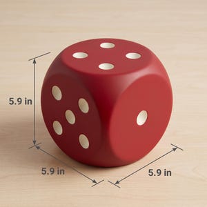May include: A matte red cube-shaped die with rounded corners and white circular pips. The die features a single pip on the front face, five pips on the side, and four pips on the top. Dimension lines indicate a height, width, and depth of 5.9 inches.