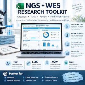 May include: An NGS + WES Research Toolkit Excel template displayed on a laptop screen, featuring a dashboard with sample and variant status charts. The layout includes sections for sample tracking, variant research, and a literature log for laboratory workflows.
