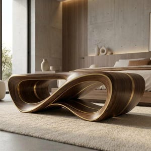 May include: A low-profile coffee table crafted from dark brown wood with a continuous, fluid, infinity-loop shape. The table features thin, metallic gold-toned accents that follow the curved edges of the wood, creating a sleek, sculptural form.