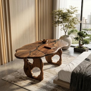 Puede incluir: Una mesa de madera de forma orgánica con un borde natural y una fisura central rellena de resina oscura. La mesa se apoya sobre dos patas de madera gruesas y esculturales que presentan grandes aberturas de formas irregulares.