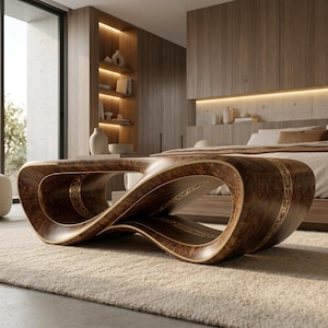 May include: A low coffee table crafted from dark, polished wood with a continuous, flowing, infinity-loop shape. The edges of the wood are accented with thin, intricate gold-coloured metal trim featuring a repeating decorative pattern.