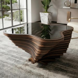 May include: A coffee table featuring a dark, reflective glass top with an irregular, organic shape. The base is constructed from multiple stacked layers of dark wood, creating a tiered, sculptural effect that tapers toward the floor.