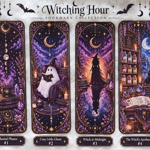 May include: Four rectangular bookmarks from the Witching Hour Bookmark Collection. Designs include Celestial Phases #1, Cozy Little Ghost #2, Witch at Midnight #3, and The Witch's Apothecary #4, all featuring purple and black mystical illustrations.