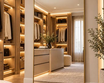 Könnte beinhalten: Ein großer rechteckiger Standspiegel mit einem dünnen goldenen Rahmen. Der Spiegel reflektiert einen begehbaren Kleiderschrank mit hellen Holzregalen, integrierter warmer LED-Beleuchtung, einer Mittelinsel mit Schubladen und einem Fenster.