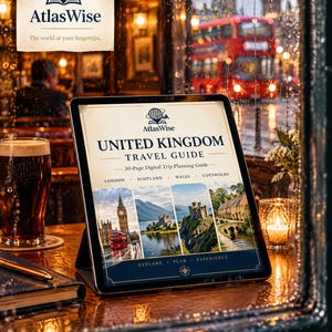 May include: A digital tablet displaying the AtlasWise United Kingdom Travel Guide, a 30-page trip planning document featuring images of Big Ben, Scottish landscapes, castles, and the Cotswolds, with text including London, Scotland, Wales, and Cotswolds.