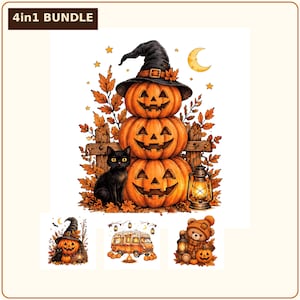 Könnte beinhalten: Eine 4in1 BUNDLE digitale Illustration mit einem Stapel aus drei geschnitzten Kürbissen mit Hexenhut, einer schwarzen Katze, Herbstblättern und einer Laterne. Kleinere Motive zeigen einen Kürbis mit Hut, einen Campingbus und einen Teddybären.