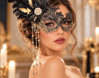Svartguldmaskeradmask, venetiansk mask med fjäderpärla för kvinnor