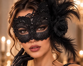 Black Lace Masquerade Mask with Feathers, Gothic Venetian Party Mask