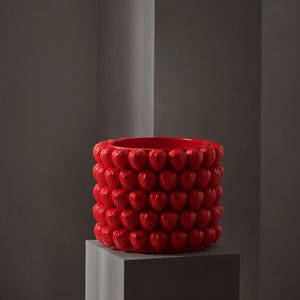 Peut inclure: Un vase cylindrique rouge doté d'une surface extérieure texturée recouverte d'un motif répétitif de petites formes de fraises moulées. L'intérieur du récipient est lisse et présente une finition émaillée rouge vif assortie.
