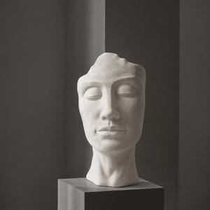 Op de afbeelding: Een witte, mat afgewerkte sculptuur van een menselijk hoofd en nek met gesloten ogen en een neutrale uitdrukking. De bovenkant van het hoofd is onregelmatig afgebroken, waardoor een holle binnenkant zichtbaar is met gladde contouren.