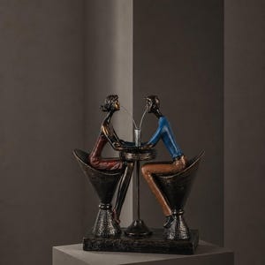 Puede incluir: Una escultura de tono bronce de dos figuras sentadas en una mesa redonda pequeña sobre sillas negras texturizadas. Una figura viste un vestido rojo, la otra una camisa azul y pantalones marrones. Están conectadas por dos finas líneas plateadas.