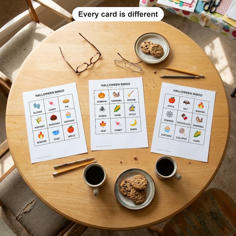 May include: Three white paper Halloween Bingo game cards with colorful illustrations and text labels, two pairs of eyeglasses, two pencils, and two plates with chocolate chip cookies, all arranged on a round wooden table.