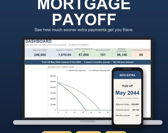Op de afbeelding: Een digitaal dashboard voor hypotheekaflossing voor Microsoft Excel en Google Sheets op een laptop en smartphone. Het scherm toont financiële gegevens, een lijngrafiek met vergelijkingen van betaalstrategieën en tekst zoals Mortgage Payoff en Dashboard.