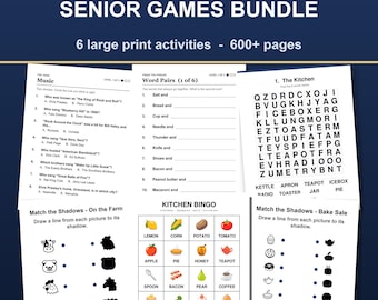 Op de afbeelding: Een activiteitenboek met spellen voor senioren met meer dan 600 pagina's in groot lettertype, inclusief trivia, bingo en woordzoekers. De pagina's tonen muziektrivia, woordparen, een keukenwoordzoeker en schaduwkoppelingsspellen.