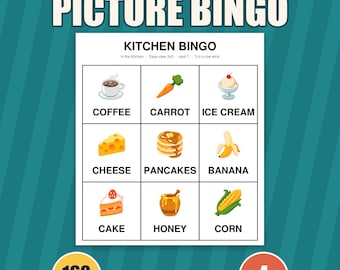 May include: A Picture Bingo game for seniors featuring large print and 4 themes. The card displays a 3x3 grid titled Kitchen Bingo with illustrations and labels for coffee, carrot, ice cream, cheese, pancakes, banana, cake, honey, and corn.