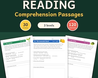 Op de afbeelding: Leesbegrip-oefeningen voor groep 3, 4 en 5. Het document bevat 30 verhalen, 120 vragen en 3 niveaus. Drie voorbeeldpagina's worden getoond, waaronder Lily's Garden, The Lemonade Stand en Sea Turtles.