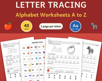 Op de afbeelding: Een set van 40 werkbladen voor het overtrekken van letters van A tot Z voor kleuters. De pagina's bevatten een alfabetkaart, oefeningen voor het overtrekken van hoofdletters en kleine letters, woordenschrijfoefeningen en zoekopdrachten.