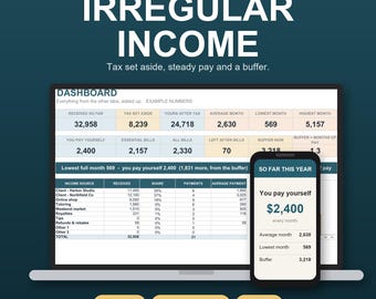 Op de afbeelding: Een digitaal spreadsheet-sjabloon voor Microsoft Excel en Google Sheets genaamd Irregular Income. Het dashboard toont financiële gegevens zoals belastingreserves, vast inkomen en een buffer, met een smartphone ernaast.