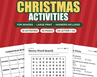 Op de afbeelding: Een digitaal activiteitenboek getiteld CHRISTMAS ACTIVITIES met de tekst BINGO - TRIVIA - WORD SEARCH - CAROLS, FOR SENIORS - LARGE PRINT - ANSWERS INCLUDED, 26 ACTIVITIES, 52 PAGES en US LETTER + A4 op een rode achtergrond.