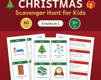 Op de afbeelding: Een printbare kerstspeurtochtset voor kinderen met 60 aanwijzingen in drie spelvormen. De kaarten tonen kleurrijke illustraties van een bed, kerstboom, sokken, deur, boeken en een klok met bijbehorende tekstuele instructies.