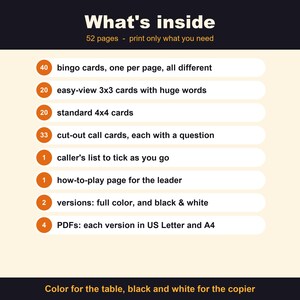 May include: A digital bingo game set featuring 52 pages including 40 unique bingo cards, 20 easy-view 3x3 cards, 20 standard 4x4 cards, 33 call cards with questions, a caller's list, a how-to-play page, in full color and black and white versions.