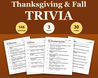 Op de afbeelding: Een Thanksgiving- en herfst-trivia-spelset met 144 vragen verdeeld over 3 niveaus op 30 pagina's. Het document bevat tekst in een groot lettertype, meerkeuzevragen over vakantietradities en antwoordsleutels in US Letter- en A4-formaten.
