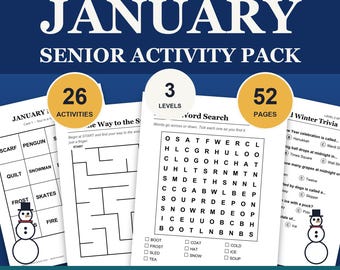Paquete de actividades para adultos mayores de enero en letra grande, bingo de invierno, trivia de Año Nuevo, actividades para personas con demencia, cuidados para la memoria.