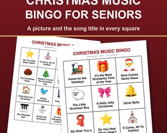 Op de afbeelding: Kerstmuziek Bingo spelkaarten voor senioren met 80 kaarten, 40 klassieke liedjes en een gratis afspeellijst. Elk vakje toont een kleurrijk vakantie-icoon en een songtitel, waaronder afbeeldingen van de Kerstman, klokken en cadeaus.