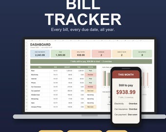 Op de afbeelding: Een digitale factuurtracker-spreadsheet voor Microsoft Excel en Google Sheets, weergegeven op een laptop- en smartphonescherm. De interface bevat een dashboard met financiële overzichten en vervaldata in een heldere lay-out.