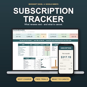 Pode incluir: Um modelo digital de rastreador de assinaturas para Microsoft Excel e Google Sheets exibido em uma tela de laptop e smartphone. O painel mostra dados financeiros, incluindo custos mensais e alertas de renovação.