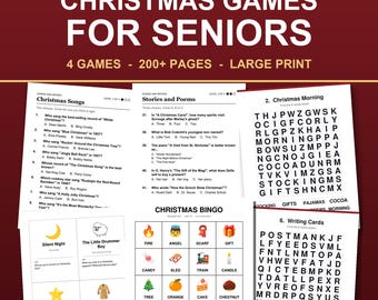 Kerstspelletjes voor senioren: quiz in grote letters, bingo, muziekbingo, woordzoeker (pdf).