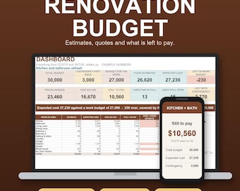 Op de afbeelding: Een digitaal renovatiebudget-spreadsheet voor Microsoft Excel en Google Sheets, weergegeven op een laptop- en smartphonescherm. Het dashboard toont financiële gegevens, waaronder het totale budget, schattingen en kosten voor diverse projecten.