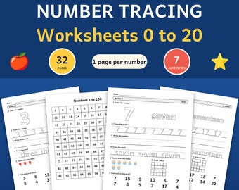 Op de afbeelding: Cijfer-overtrekwerkbladen voor de voorschool en kleuterschool met de getallen 0 tot 20. De set bevat 32 pagina's met 7 activiteiten per pagina, waaronder overtrekken, schrijven, tellen, tien-frames en een 1 tot 100 kaart.