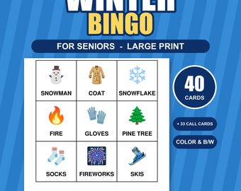 Op de afbeelding: Een Winter Bingo spel voor senioren met grote letters. De kaart bevat negen vakjes met iconen en labels: sneeuwpop, jas, sneeuwvlok, vuur, handschoenen, dennenboom, sokken, vuurwerk en ski's. Inclusief 40 kaarten, 33 roepkaarten, in kleur of zwart-wit.