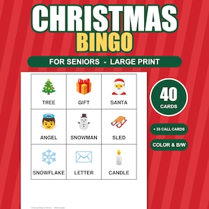 May include: A Christmas Bingo game for seniors with large print. The sheet features a 3x3 grid of holiday icons including a tree, gift, santa, angel, snowman, sled, snowflake, letter, and candle. Includes 40 cards, 33 call cards, and color or black and white options.
