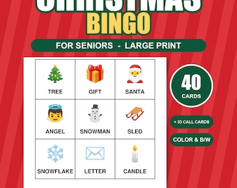 Op de afbeelding: Een kerstbingospel voor senioren met grote letters. Het blad bevat een 3x3 raster met vakantie-iconen, waaronder een boom, cadeau, kerstman, engel, sneeuwman, slee, sneeuwvlok, brief en kaars. Inclusief 40 kaarten en 33 roepkaarten in kleur of zwart-wit.