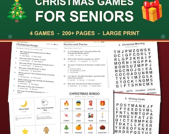 Paquete de juegos navideños para personas mayores: preguntas y respuestas en letra grande, bingo, bingo musical, sopa de letras en PDF.