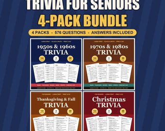 Op de afbeelding: Een 4-delige trivia-bundel voor senioren met grote letters in zwart-wit. Bevat 576 vragen met antwoorden over vier thema's: jaren 50 & 60, jaren 70 & 80, Thanksgiving & herfst, en Kerstmis. Elk pakket bevat 144 vragen.