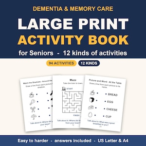 May include: A large print activity book for seniors featuring 94 activities across 12 kinds. The cover displays the title and three sample pages showing a shadow matching game, a train maze, and a picture-to-word matching exercise.