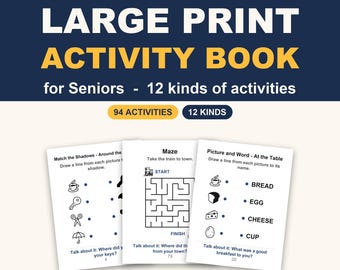 Op de afbeelding: Een activiteitenboek met grote letters voor senioren met 94 activiteiten in 12 soorten. De omslag toont de titel en drie voorbeeldpagina's met een schaduwspel, een doolhof en een oefening om woorden aan plaatjes te koppelen.