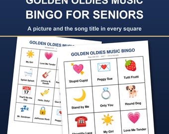 Op de afbeelding: Golden Oldies Music Bingo spelkaarten voor senioren met 80 kaarten en een afspeellijst. Elk vakje toont een kleurrijk icoon en een songtitel zoals My Girl, Love Me Tender, Stupid Cupid, Peggy Sue, Tutti Frutti, Stand by Me, Only You, Hound Dog, Chantilly Lace.
