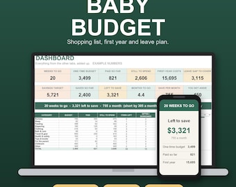 Op de afbeelding: Een digitale babybudgetplanner voor Microsoft Excel en Google Sheets weergegeven op een laptop- en smartphonescherm. Het dashboard toont financiële gegevens, waaronder spaardoelen, uitgavencategorieën en een aftelling van 20 weken.