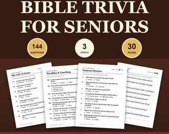 Op de afbeelding: Een Bijbel-trivia-set voor senioren met 144 vragen verdeeld over 3 niveaus op 30 pagina's. Het document bevat zwart-wit geprinte vellen met meerkeuzevragen over het Oude en Nieuwe Testament, inclusief de antwoorden.
