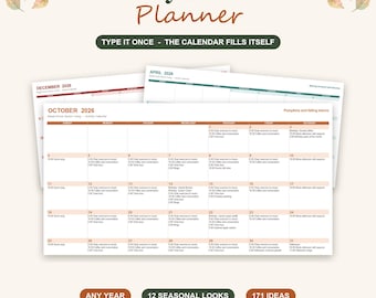 Op de afbeelding: Een Activity Director Planner met illustraties van bladeren. De tekst luidt Activity Director Planner, Type it once - the calendar fills itself, Any Year, 12 seasonal looks, 171 ideas. Het toont maandelijkse kalenderpagina's.