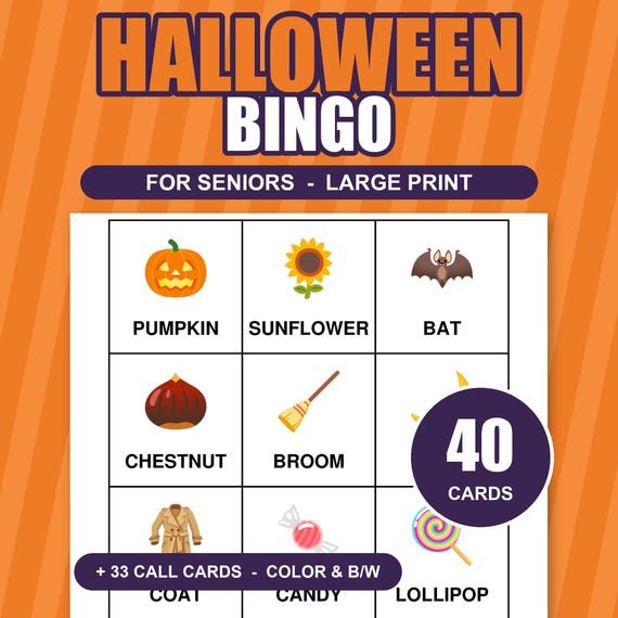 Halloween Bingo for Seniors, Large Print Picture Bingo, Dementia Activities, 40 Cards, Color