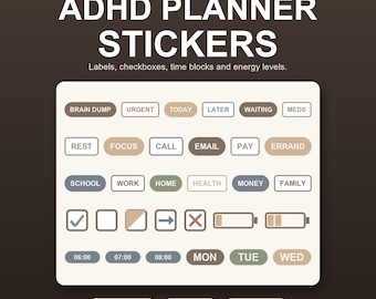Op de afbeelding: Een digitale stickerset voor ADHD-planners met 250 voorgesneden labels, selectievakjes, tijdsblokken en energieniveaus. De tekst luidt ADHD PLANNER STICKERS, Labels, checkboxes, time blocks and energy levels.