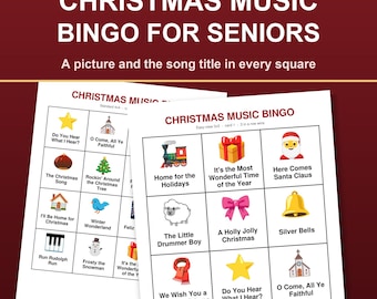 Christmas Music Bingo for Seniors, Large Print Christmas Song Bingo, 100 Picture Cards, Dementia Activities, Memory Care, Playlist